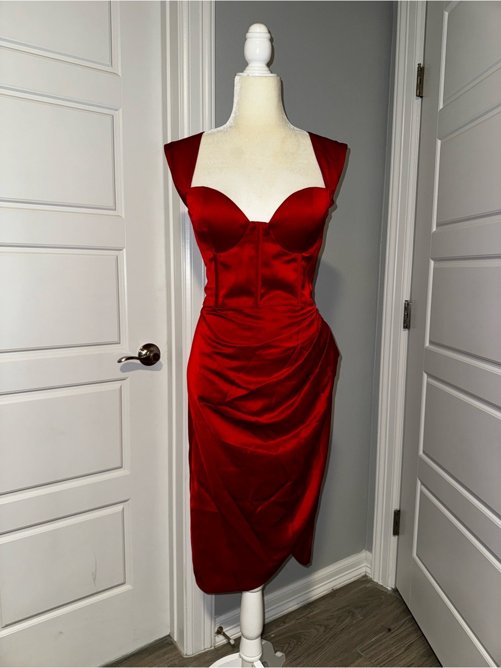 Red Satin Midi Dress with Sculpted Bust and Cap Sleeves